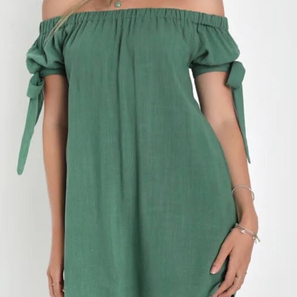 Lulu's Al Fresco Evenings Olive Green Off-the-Shoulder Dress
